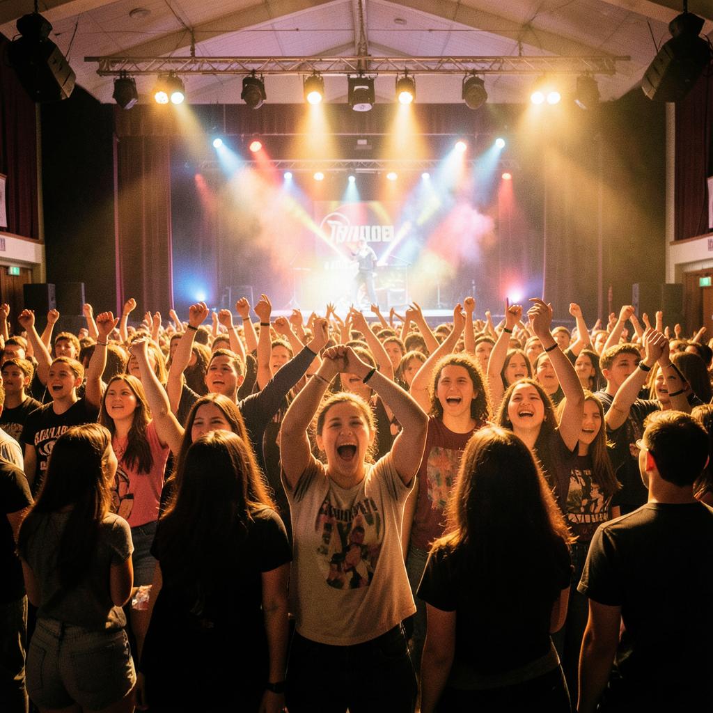 Students cheering at a school concert under warm stage lights