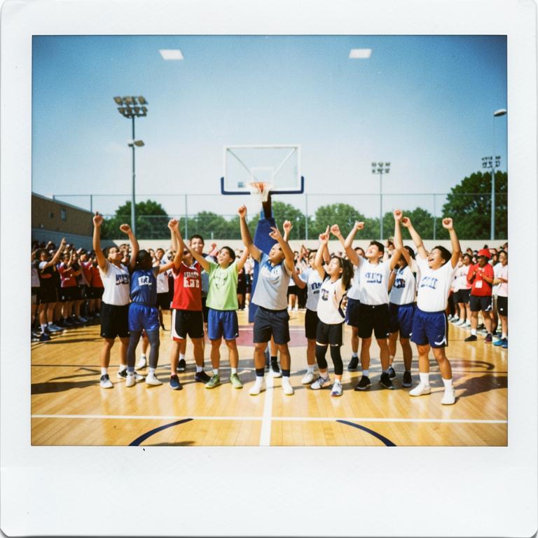 Students celebrating on a basketball court