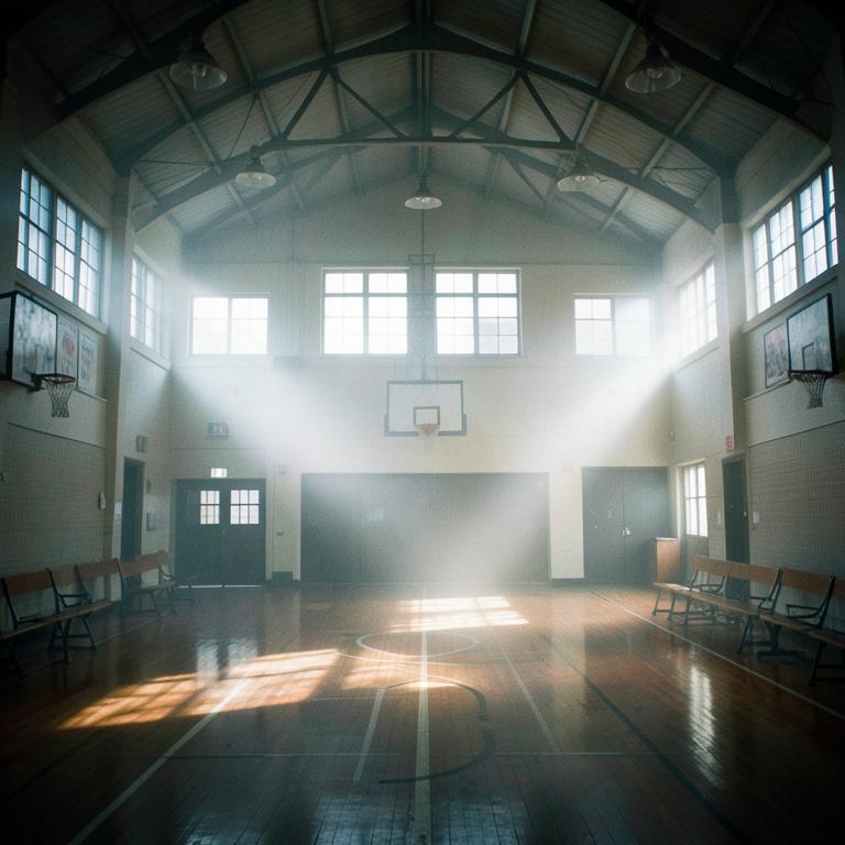 Spotlights cutting through haze in a school hall